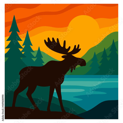 Moose by Lake at Sunset – Minimal Wilderness Vector