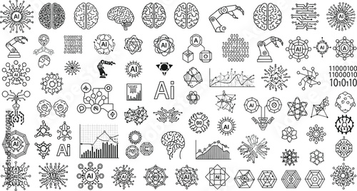 Collection of ai themed line art illustrations featuring brains robots and data representations