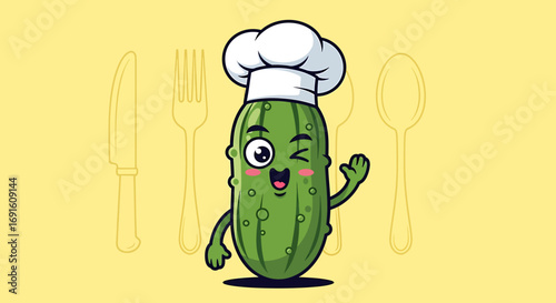 Cute Cucumber Chef Cartoon Character Illustration