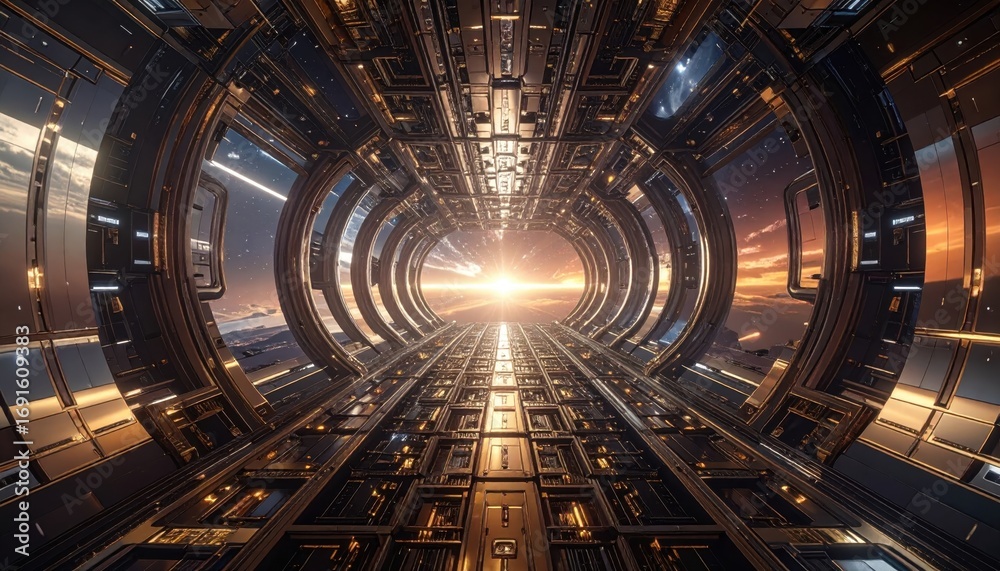 Obraz premium A futuristic tunnel extends into the distance, illuminated by a vibrant sunrise. The intricate metallic architecture and vast, starry expanse beyond create a sense of wonder and adventure.