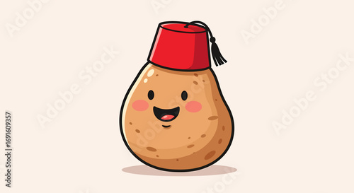 Happy Potato Character Wearing a Fez Hat Cartoon Vector Illustration