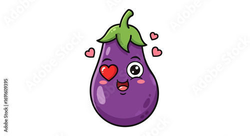 Kawaii Eggplant Cartoon Character in Love Cute Purple Vegetable Illustration