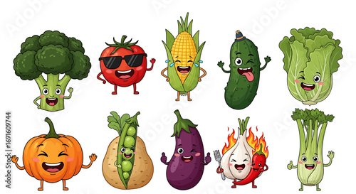 Funny Cartoon Vegetables Set Broccoli Tomato Corn Cucumber Lettuce Pumpkin Peas Eggplant Garlic Chili Celery Illustration