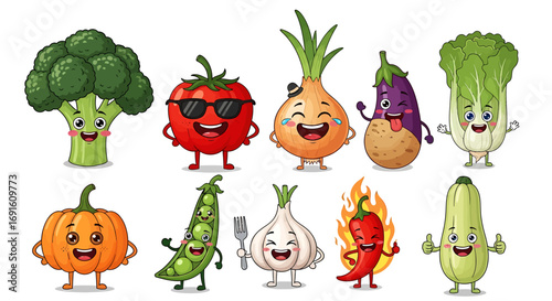 Cartoon Vegetables Characters Set Broccoli Tomato Onion Eggplant Bok Choy Pumpkin Peas Garlic Chili Pepper Zucchini Illustration