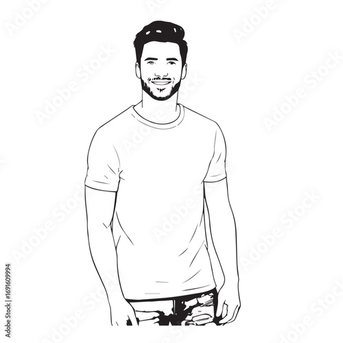 Handsome Man Black and White Illustration Vector Image Male Portrait Fashion Sketch Line Art Design	