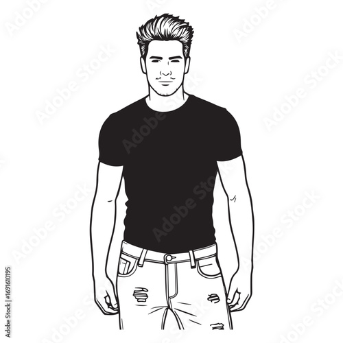 Handsome Man Black and White Illustration Vector Image Male Portrait Fashion Sketch Line Art Design	