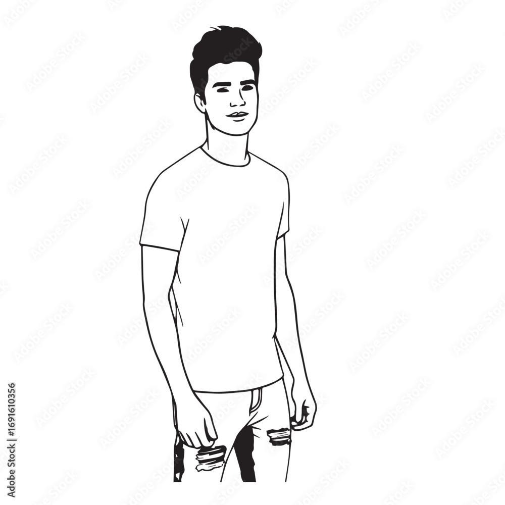 Fototapeta premium Handsome Man Black and White Illustration Vector Image Male Portrait Fashion Sketch Line Art Design 