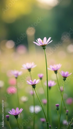 Soft focus image of delicate wildflowers in a meadow, perfect for backgrounds, websites, or design projects Beautiful pastel colors and natural bokeh effect , green, meadow, flora