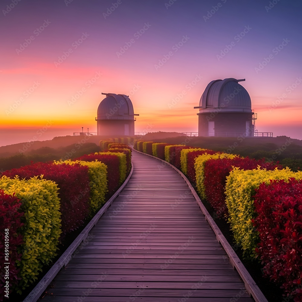 Fototapeta premium Sunrise boardwalk to twin observatory domes framed by colorful hedges and pastel sky.