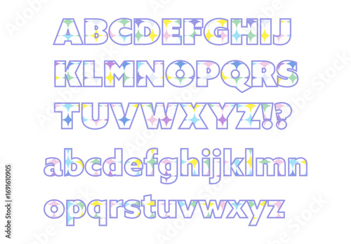 カラフルなキラキラ模様がデザインされた英字フォントセットのイラスト｜大文字と小文字を含み、タイポグラフィやデザイン制作、装飾に活用できるベクター素材