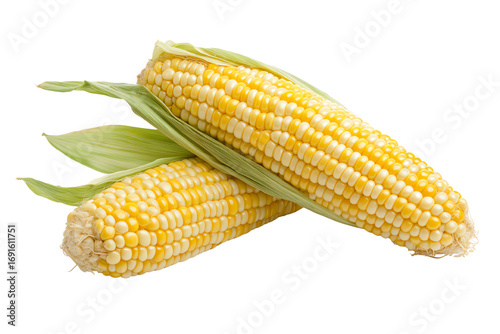 Fresh corn on the cob with green husks on a white isolated background.