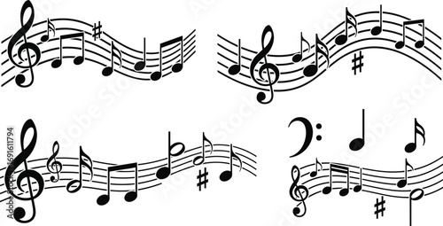 Black music notes, treble and bass clefs with staff lines, sharp symbols, vector music notation set on white background, minimalist style