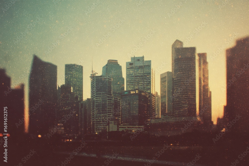 Fototapeta premium Urban skyline at sunset with blurred buildings and golden light