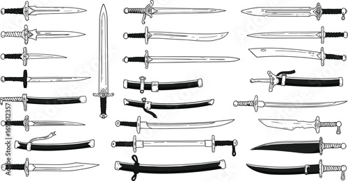 Collection of vintage swords and daggers with detailed handles and scabbards, medieval weaponry illustrations, historical blades, fantasy armory design set