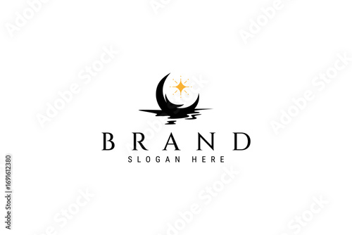 Crescent moon silhouette logo with floating view on water decorated with stars in flat vector design style