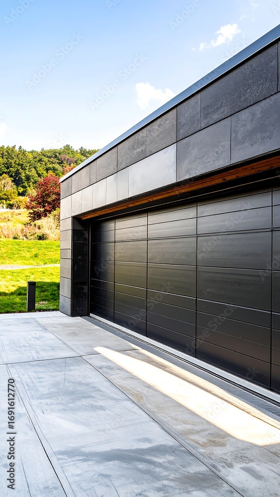 Obraz premium Modern garage door, sleek design, hillside setting