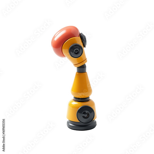 A stylized, 3d rendering of a whimsical robot, angled to the side, set against a stark black background.