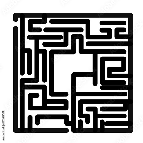 Intricate black maze graphic symbolizing complex problem solving and strategic thinking