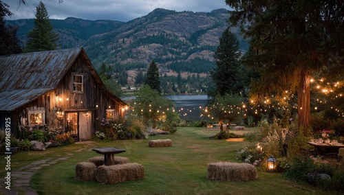 Rustic cabin by a lake at dusk, lit by string lights