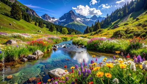 A vibrant meadow stretches alongside a crystal-clear stream, framed by towering mountains under a bright, sunny sky.