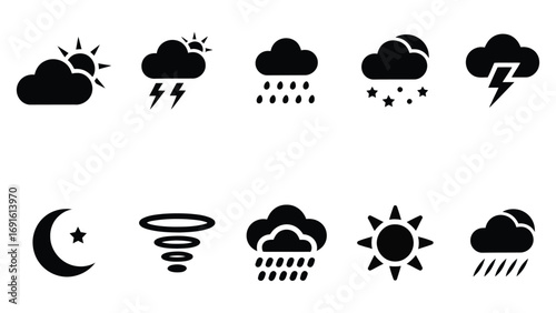 Weather forecast icons set with sun cloud rain storm moon and climate symbols
