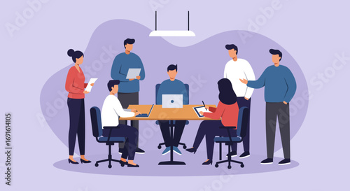 Professional team collaborating in a modern office meeting, discussing business strategies and planning projects. Ideal for corporate, teamwork, and startup concepts.