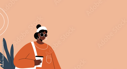 Stylish Black woman in sunglasses holding a coffee cup, exuding cool confidence. Ideal for lifestyle, urban living, and casual fashion concepts.
