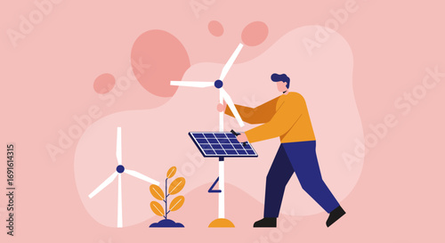 Man installing a solar panel next to wind turbines, symbolizing renewable energy and a sustainable future. Ideal for environmental, business, and technology concepts.