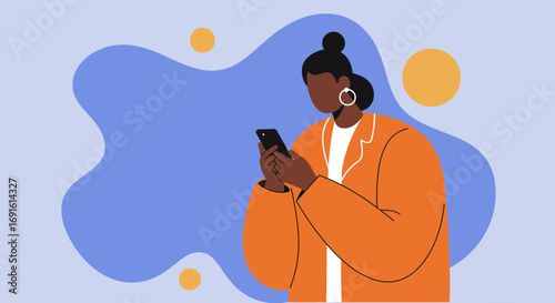 Stylish Black woman focused on her smartphone, engaging with digital content or communicating online. Ideal for themes of technology, business, and modern lifestyle.