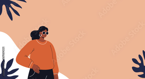 Stylish woman with sunglasses in a confident pose, set against a modern peach background with abstract tropical leaves. Great for lifestyle, fashion, or social media.