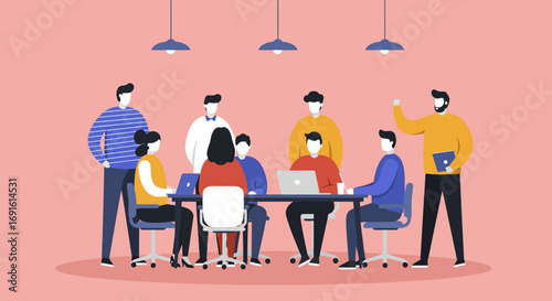 Diverse business team collaborating in a modern office meeting, discussing ideas and planning projects. Ideal for corporate, teamwork, and innovation themes.