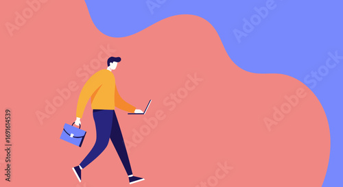 Modern businessman walking with an open laptop and briefcase, symbolizing mobile productivity, remote work, and a flexible professional lifestyle.