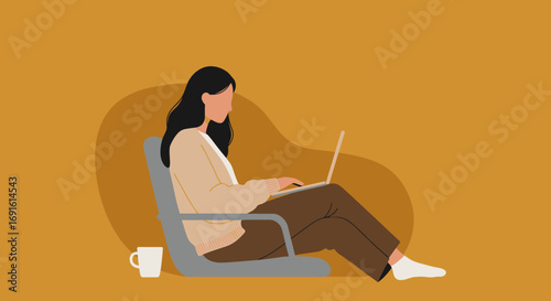 Woman comfortably working on a laptop from home. Ideal for remote work, freelance, online learning, and modern digital lifestyle concepts.