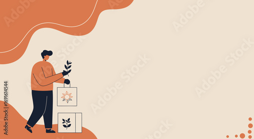 This illustration features a person holding a small plant and eco-conscious shopping bags, representing sustainable lifestyle and environmental responsibility.