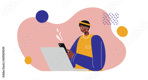 Focused person multitasking with a smartphone and laptop, illustrating modern digital communication, remote work, or online productivity.
