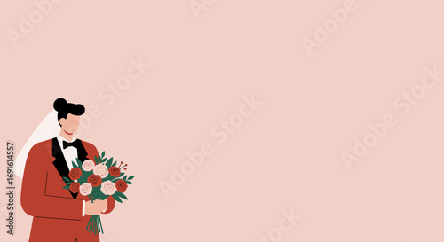 Illustrated wedding character with a veil and tuxedo suit, holding a beautiful bouquet of roses on a pink background. Ideal for invitations or event announcements.