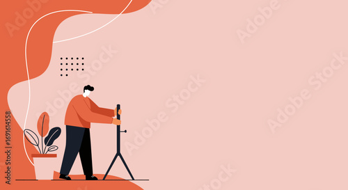 Man adjusting a professional stand in a modern setting, ideal for creative work, photography, or studio projects. Features copy space.