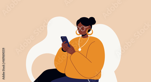 A modern woman engrossed in her smartphone, engaging in digital communication, social media, or online tasks for modern living.