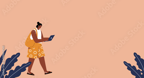 Casual person walking, using a laptop, with a tote bag. Illustrates digital nomad life, remote work, modern connectivity, and flexible business.