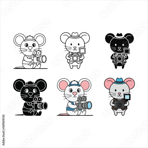 Set of Cute Cartoon Mouse Photographers with Camera Vector Illustration