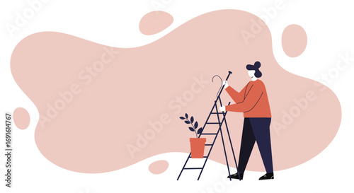 Person tending to a potted plant on a ladder, symbolizing growth, home care, or personal development in a modern, illustrative style. Ideal for lifestyle and business concepts.
