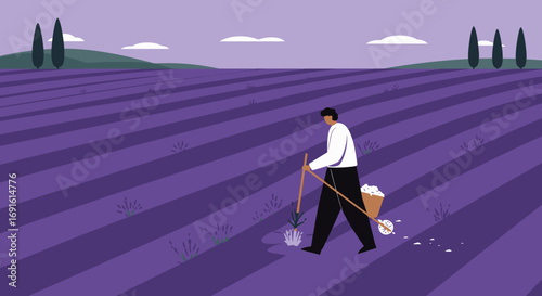 A person meticulously plants in a vibrant lavender field under a serene sky, capturing themes of agriculture, nature, and sustainable practices.