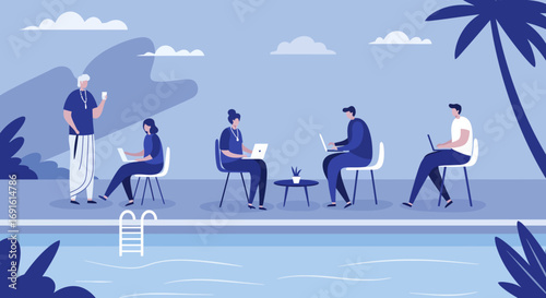 Diverse people work on laptops by a serene tropical pool, representing modern digital nomad life, work-life balance, and productive leisure. Ideal for business and travel.