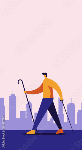 Illustration of an active person Nordic walking with poles against a city skyline, representing a healthy urban lifestyle and outdoor fitness.