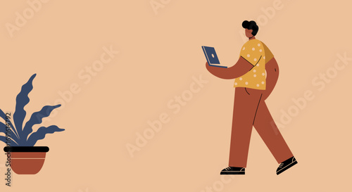 Person walking while actively working on a laptop, symbolizing remote productivity, connectivity, and modern flexible work lifestyle. Ideal for business, technology, and freelance concepts.