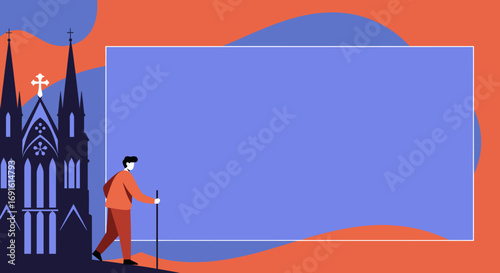 A person with a walking stick passes a historic cathedral, symbolizing travel, pilgrimage, or exploration, with a large customizable text area.