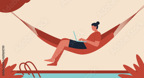 Relaxed person working remotely on a laptop in a hammock by a swimming pool, embodying modern flexible work-life balance and digital nomad lifestyle.