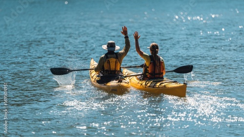 A couple in a tandem kayak, sharing a moment and a high-five. The scene is full of connection and joy.