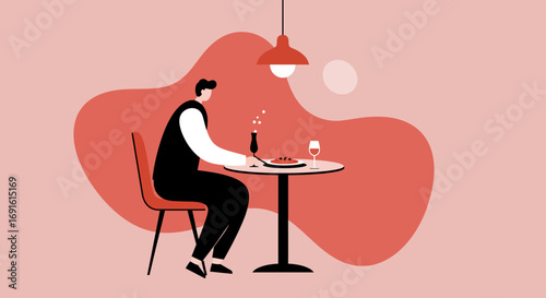 Man enjoying a solo fine dining experience with wine and champagne in a stylish restaurant. Ideal for lifestyle, food, or self-care themes.