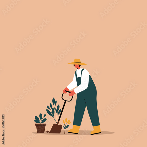 Person in hat and overalls actively gardening, planting a sapling with a shovel. Highlights sustainable living, nature connection, and outdoor hobbies.